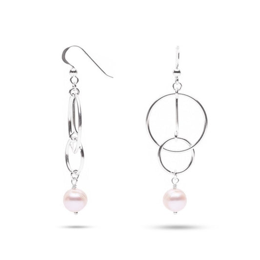 MILLENNE Millennia 2000 Freshwater Pearls Circle Interlock and Bar Beaded Silver Dangle Earrings with 925 Sterling Silver