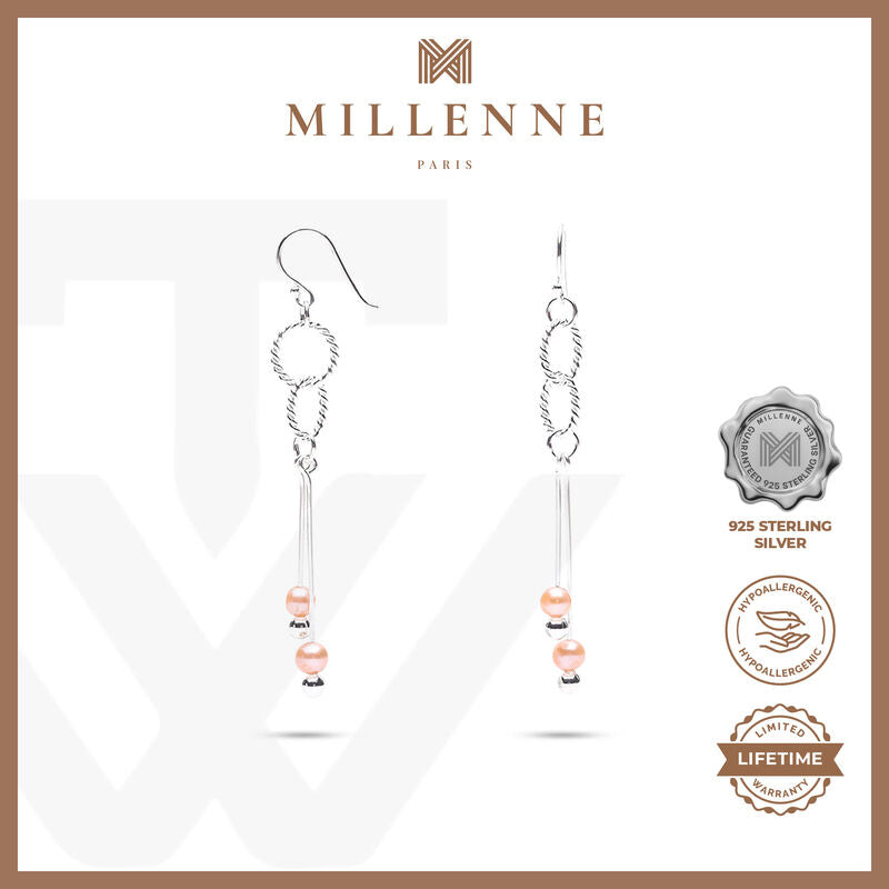 MILLENNE Millennia 2000 Freshwater Pearls Links Hook and Beaded Silver Dangle Earrings with 925 Sterling Silver