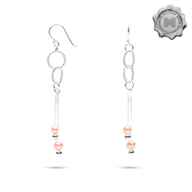 MILLENNE Millennia 2000 Freshwater Pearls Links Hook and Beaded Silver Dangle Earrings with 925 Sterling Silver