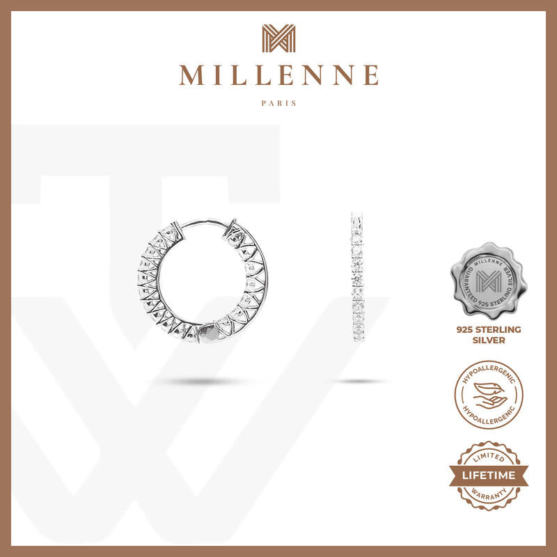 MILLENNE Made For The Night Flat Sun Cubic Zirconia Rhodium Hoop Earrings with 925 Sterling Silver