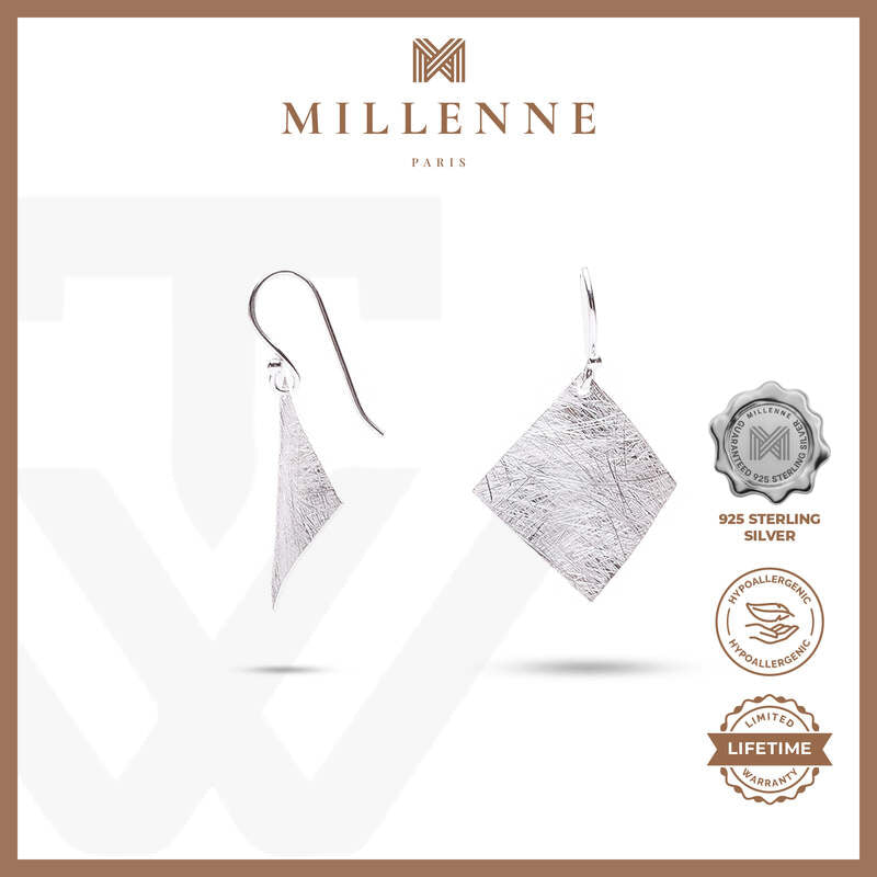 MILLENNE Minimal Hammered Rhombus Silver Hook Earrings with 925 Sterling Silver