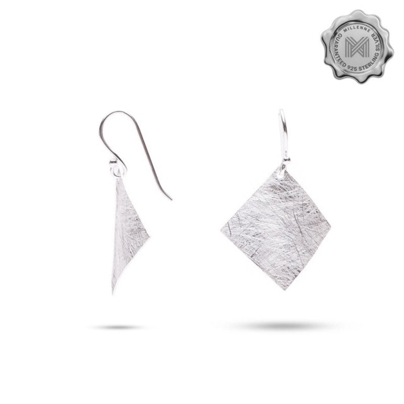 MILLENNE Minimal Hammered Rhombus Silver Hook Earrings with 925 Sterling Silver