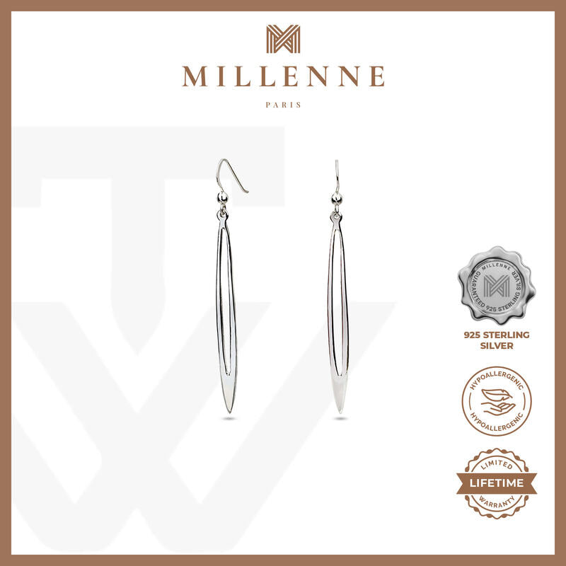 MILLENNE Minimal Narrow Ovals Silver Hook Earrings with 925 Sterling Silver