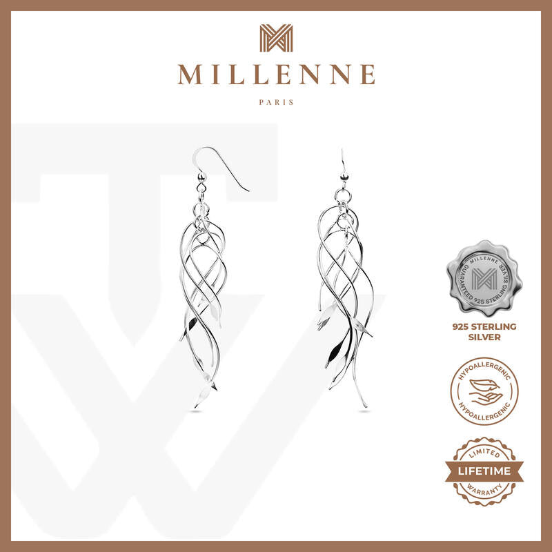 MILLENNE Millennia 2000 Ribbon Bunch Hook Silver Dangle Earrings with 925 Sterling Silver