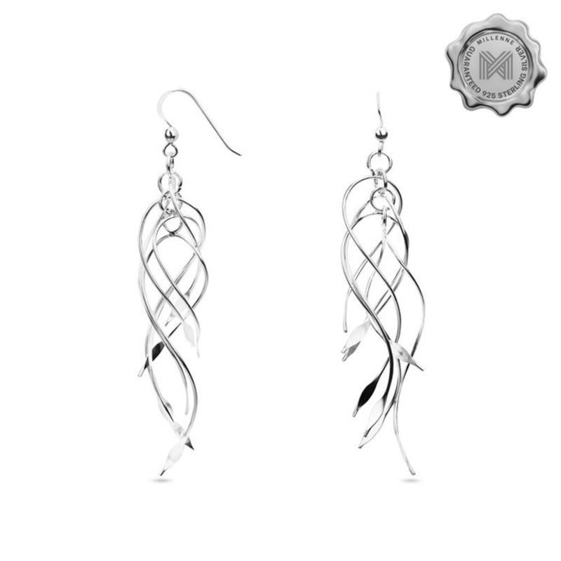 MILLENNE Millennia 2000 Ribbon Bunch Hook Silver Dangle Earrings with 925 Sterling Silver