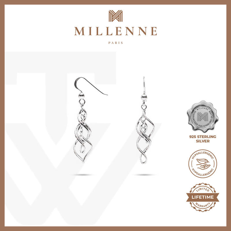 MILLENNE Millennia 2000 Twisty Hook Silver Dangle Earrings with 925 Sterling Silver