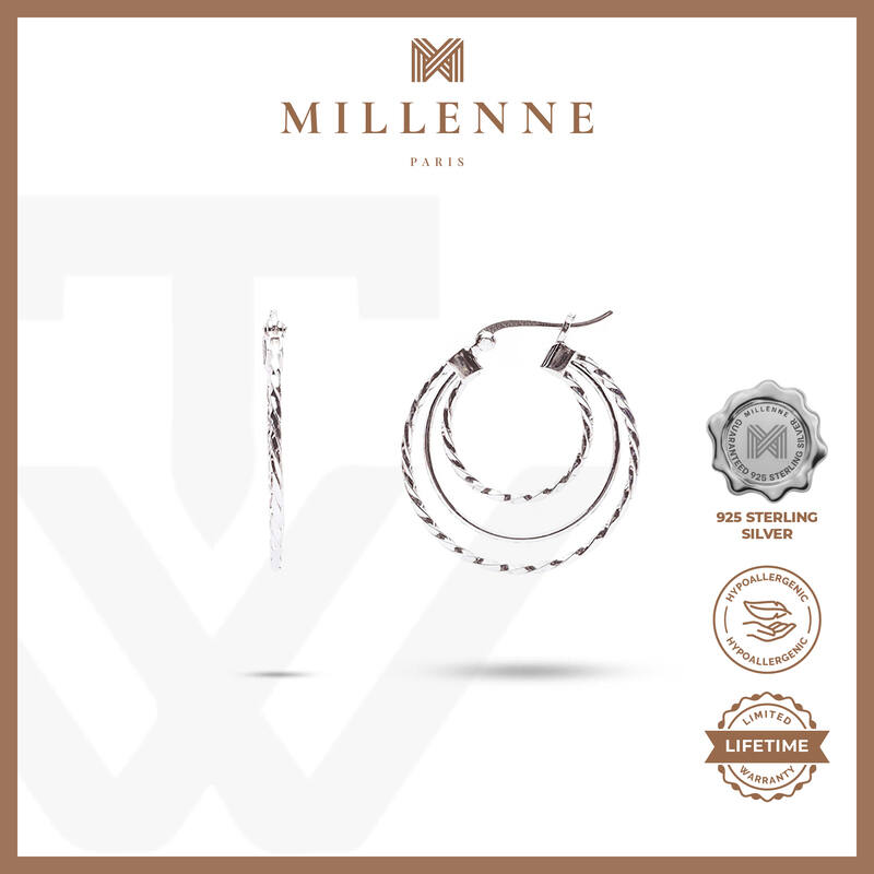 MILLENNE Millennia 2000 Tri-Circle Silver Hoop Earrings with 925 Sterling Silver