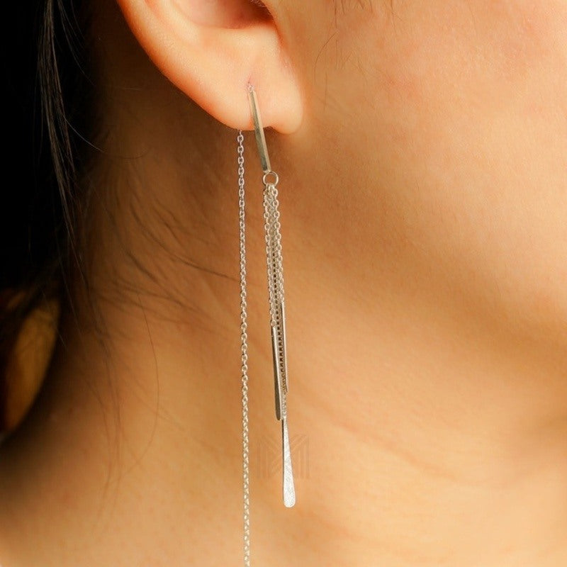 MILLENNE Minimal Thread Dangle Silver Threader Earrings with 925 Sterling Silver