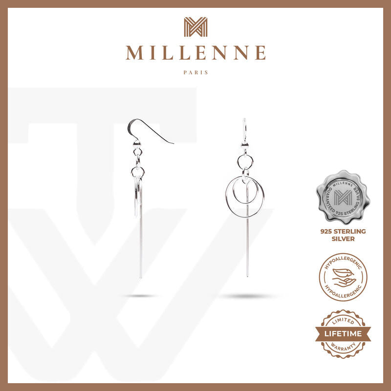 MILLENNE Millennia 2000 Circle and Bar Hook Silver Dangle Earrings with 925 Sterling Silver