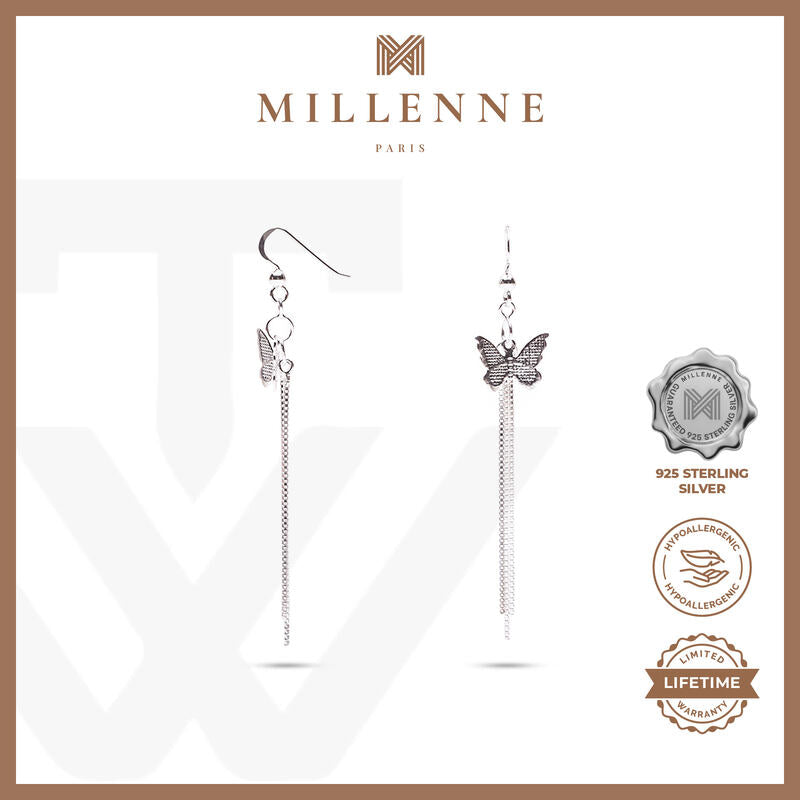 MILLENNE Millennia 2000 Butterfly Dangle Hook Silver Dangle Earrings with 925 Sterling Silver