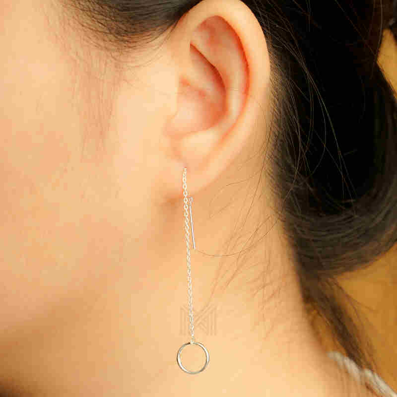 MILLENNE Minimal Circle Silver Threader Earrings with 925 Sterling Silver