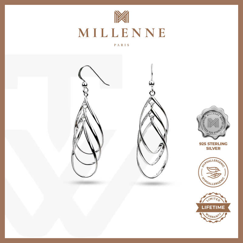 MILLENNE Millennia 2000 Oval Chain Links Hook Silver Dangle Earrings with 925 Sterling Silver