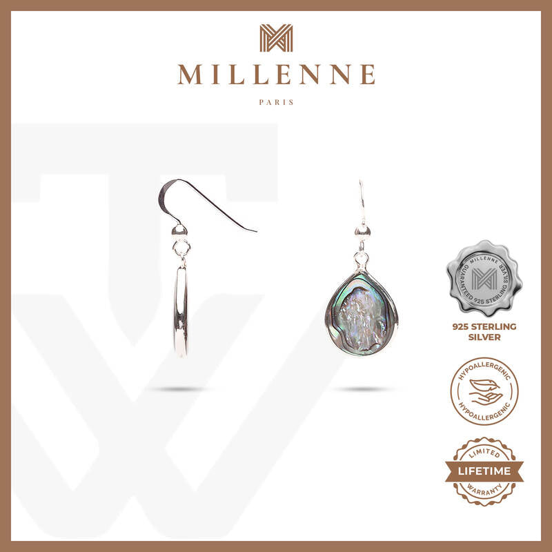 MILLENNE Multifaceted Abalone Shell Pear Shape Silver Hook Earrings with 925 Sterling Silver