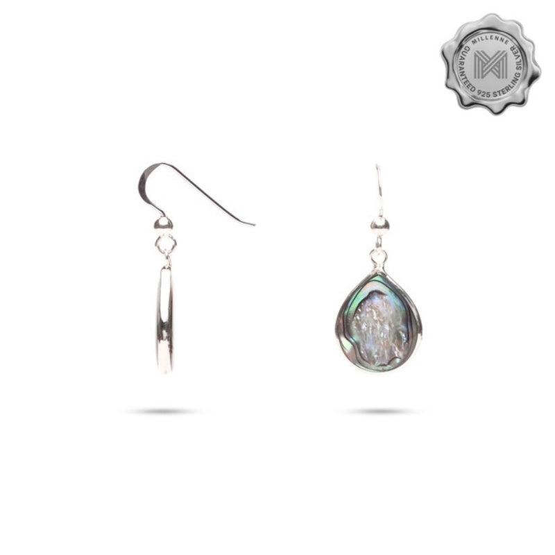 MILLENNE Multifaceted Abalone Shell Pear Shape Silver Hook Earrings with 925 Sterling Silver