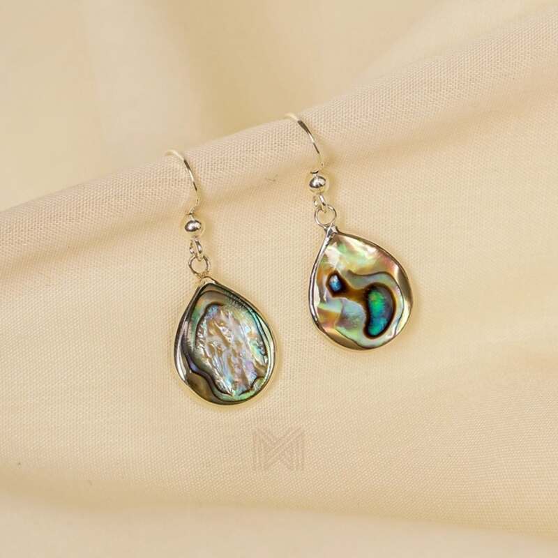 MILLENNE Multifaceted Abalone Shell Pear Shape Silver Hook Earrings with 925 Sterling Silver