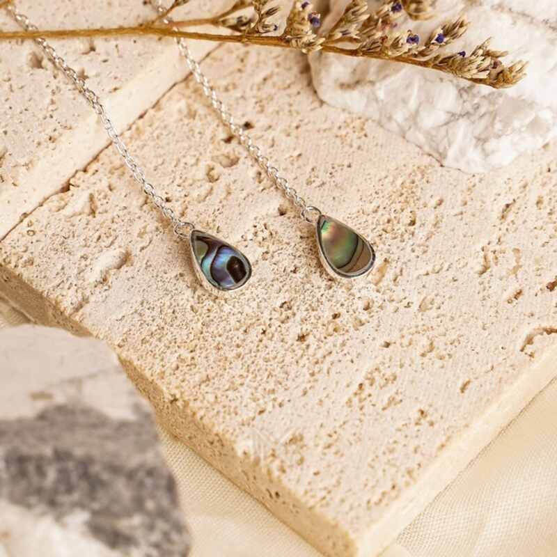 MILLENNE Minimal Abalone Shell Droplet Silver Threader Earrings with 925 Sterling Silver
