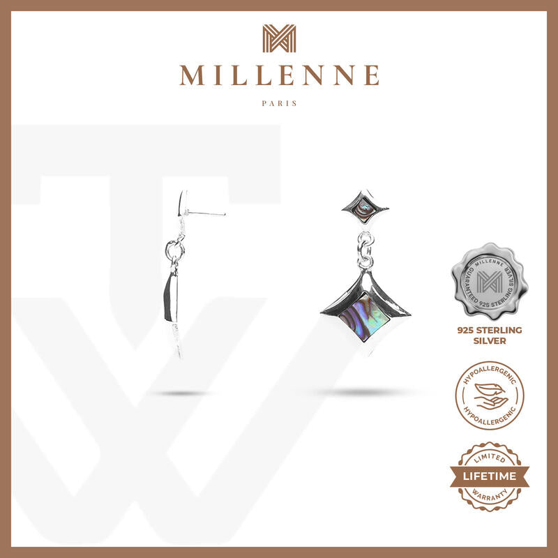 MILLENNE Millennia 2000 Abalone Shell Rhombus Silver Drop Earrings with 925 Sterling Silver