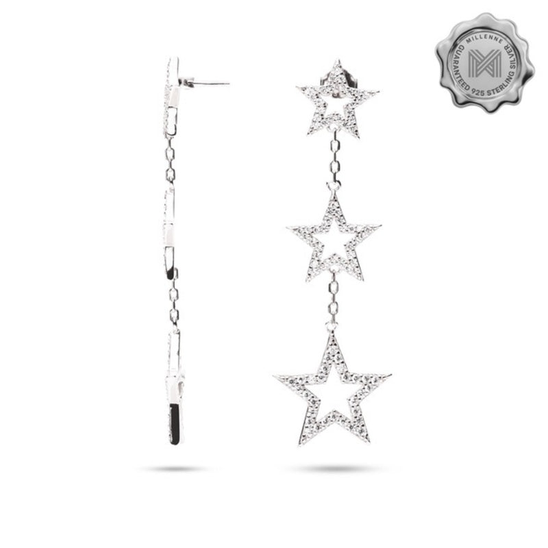 MILLENNE Made For the Night Graduated Star Dangler Cubic Zirconia White Gold Drop Earrings with 925 Sterling Silver