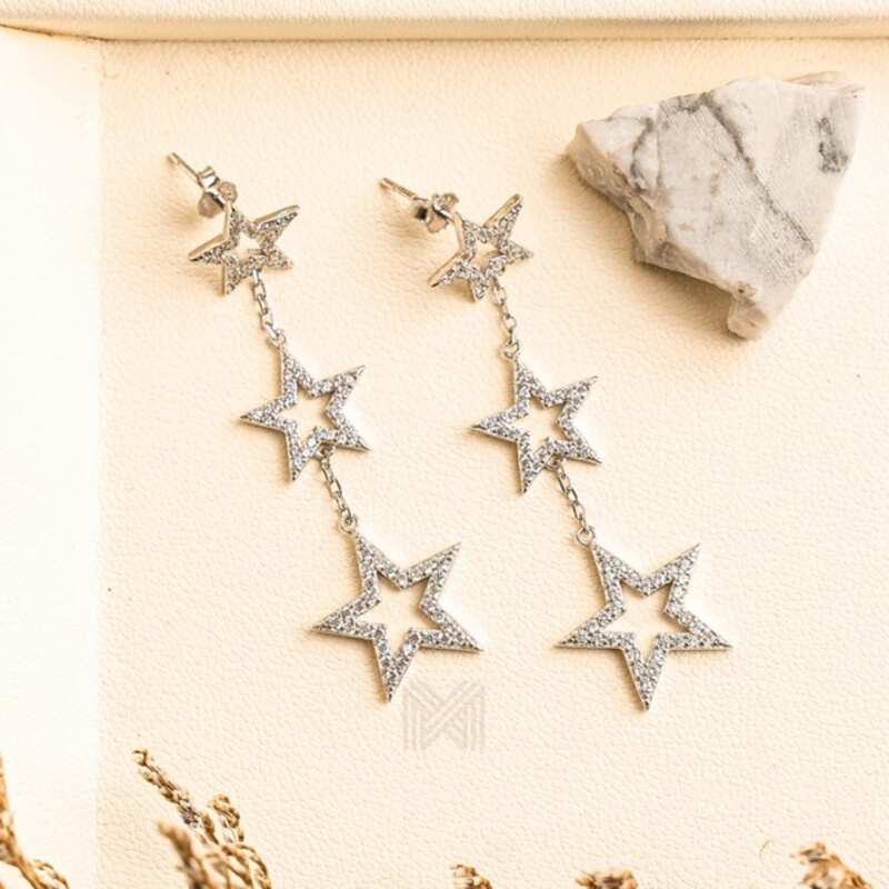 MILLENNE Made For the Night Graduated Star Dangler Cubic Zirconia White Gold Drop Earrings with 925 Sterling Silver