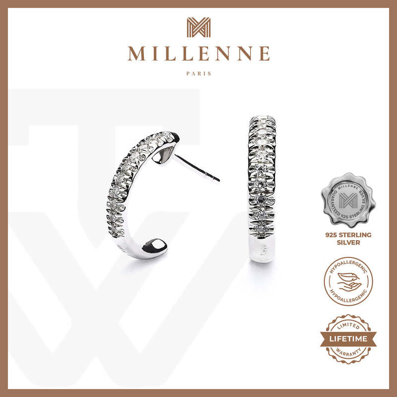 MILLENNE Made For The Night Mini Studded Half Cubic Zirconia White Gold Hoop Earrings with 925 Sterling Silver