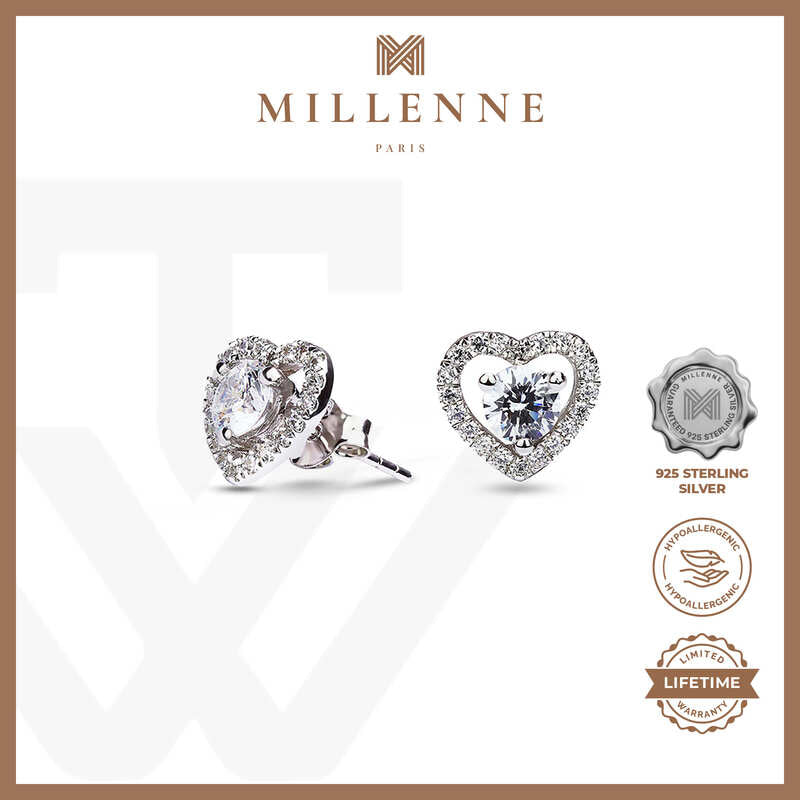 MILLENNE Made For The Night Heart Studded Cubic Zirconia White Gold Stud Earrings with 925 Sterling Silver