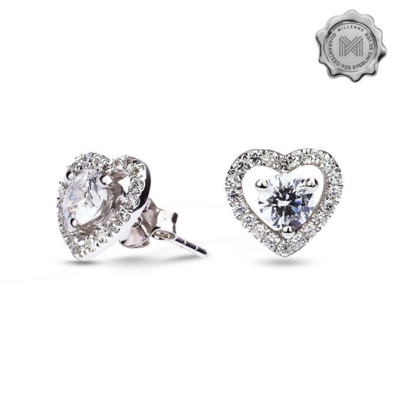 MILLENNE Made For The Night Heart Studded Cubic Zirconia White Gold Stud Earrings with 925 Sterling Silver