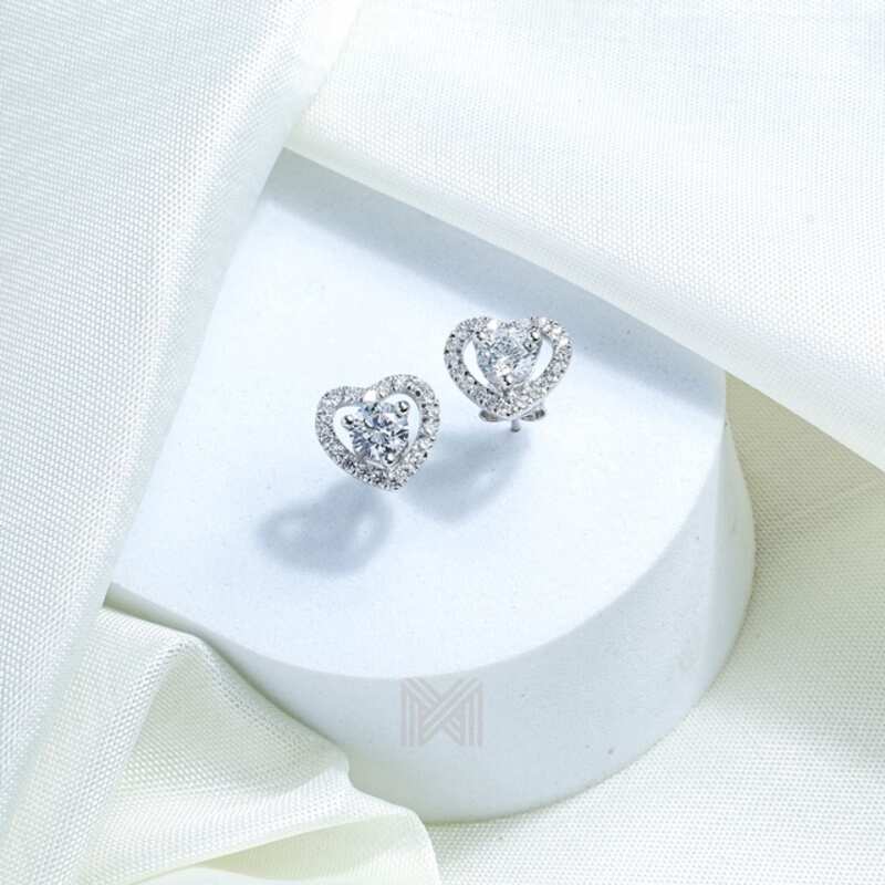 MILLENNE Made For The Night Heart Studded Cubic Zirconia White Gold Stud Earrings with 925 Sterling Silver