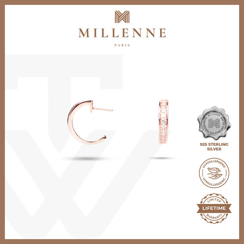 MILLENNE Made For The Night Mini Bezzeled Half Cubic Zirconia Rose Gold Hoop Earrings with 925 Sterling Silver