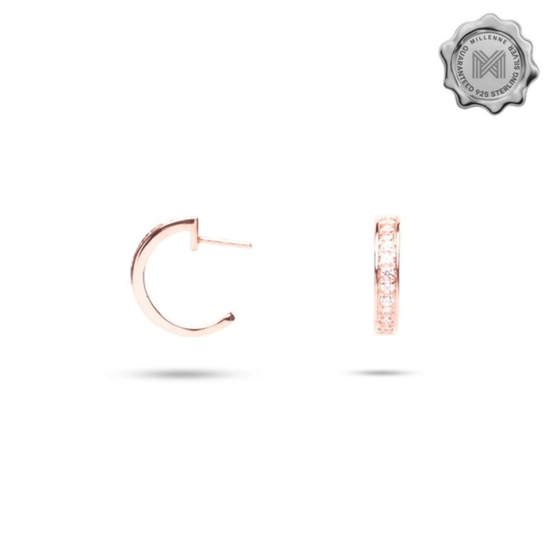 MILLENNE Made For The Night Mini Bezzeled Half Cubic Zirconia Rose Gold Hoop Earrings with 925 Sterling Silver