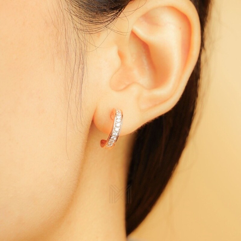 MILLENNE Made For The Night Mini Bezzeled Half Cubic Zirconia Rose Gold Hoop Earrings with 925 Sterling Silver