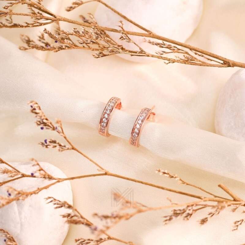 MILLENNE Made For The Night Mini Bezzeled Half Cubic Zirconia Rose Gold Hoop Earrings with 925 Sterling Silver