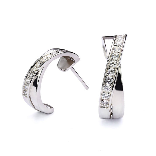 MILLENNE Made For The Night Cris-Crossed Half Cubic Zirconia White Gold Hoop Earrings with 925 Sterling Silver