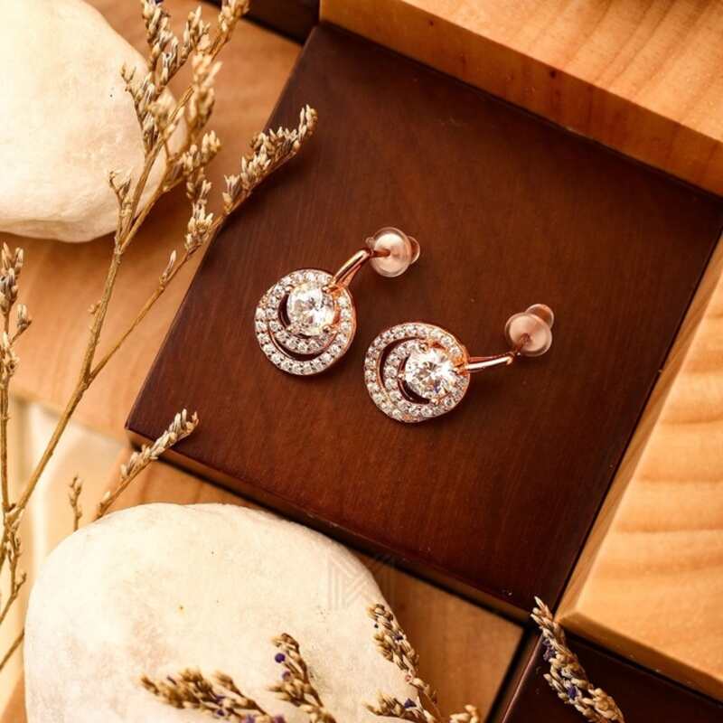 MILLENNE Made For The Night Swirl with Stones Cubic Zirconia Rose Gold Stud Earrings with 925 Sterling Silver