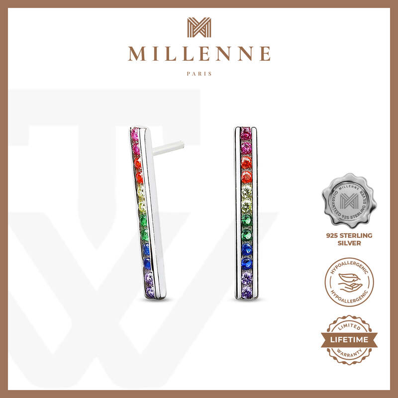 MILLENNE Multifaceted Rainbow Bar Studded Cubic Zirconia White Gold Drop Earrings with 925 Sterling Silver