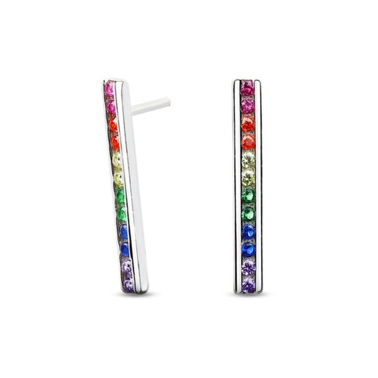 MILLENNE Multifaceted Rainbow Bar Studded Cubic Zirconia White Gold Drop Earrings with 925 Sterling Silver