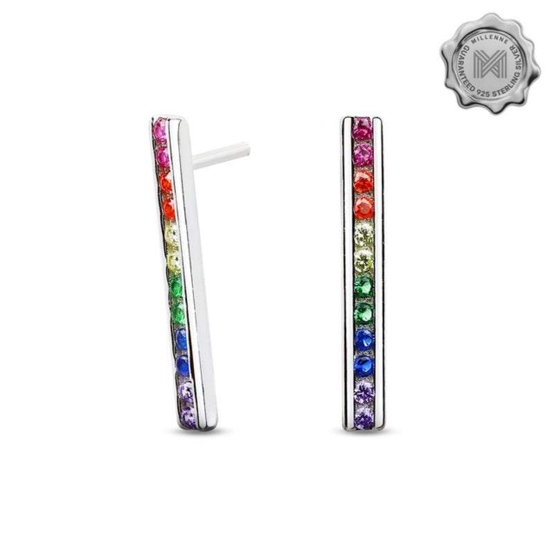 MILLENNE Multifaceted Rainbow Bar Studded Cubic Zirconia White Gold Drop Earrings with 925 Sterling Silver