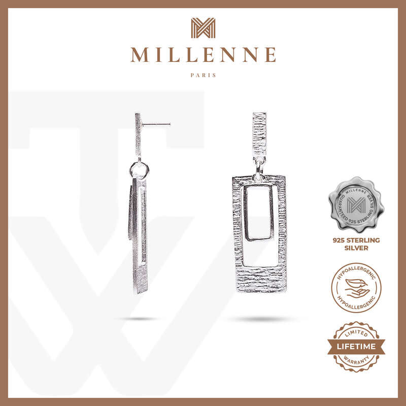 MILLENNE Millennia 2000 Double Rectangular White Gold Stud Earrings with 925 Sterling Silver