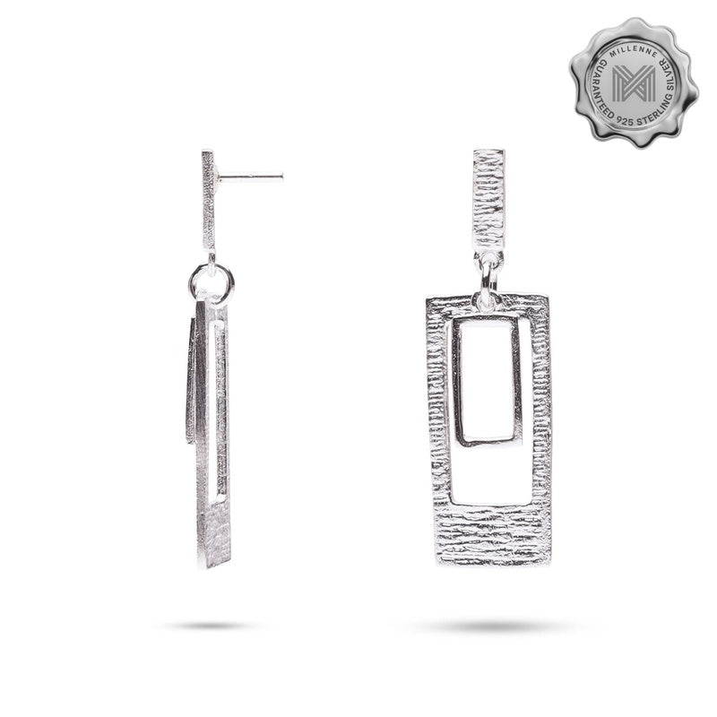 MILLENNE Millennia 2000 Double Rectangular White Gold Stud Earrings with 925 Sterling Silver