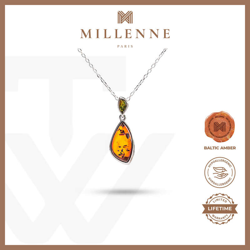 MILLENNE Multifaceted Baltic Amber Tear Drop Silver Pendant with 925 Sterling Silver