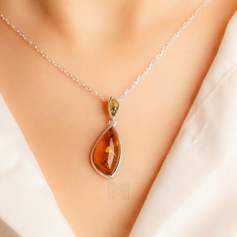 MILLENNE Multifaceted Baltic Amber Tear Drop Silver Pendant with 925 Sterling Silver