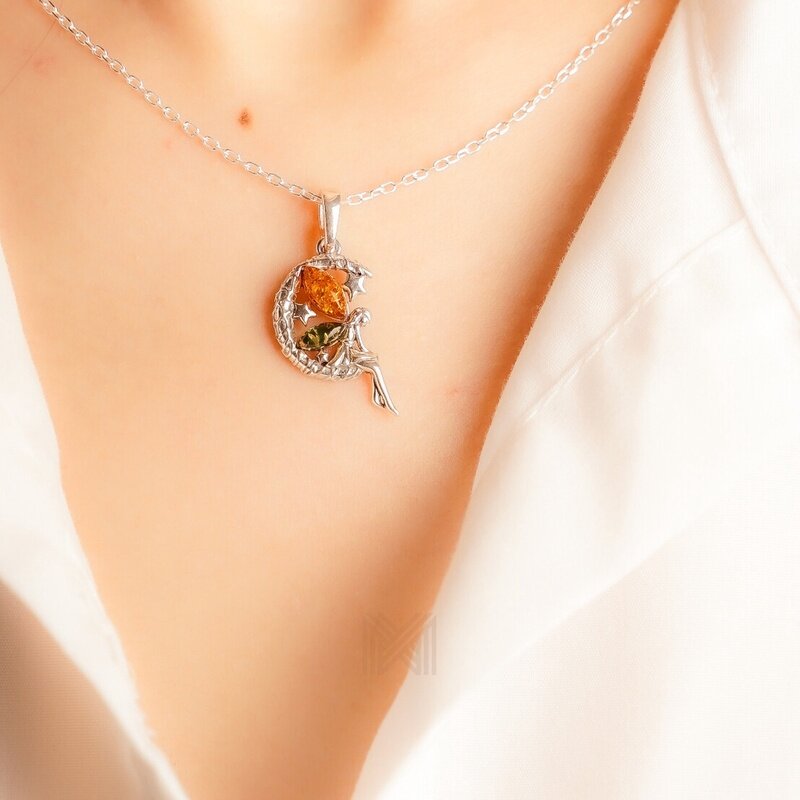 MILLENNE Multifaceted Baltic Amber Fairy Silver Pendant with 925 Sterling Silver