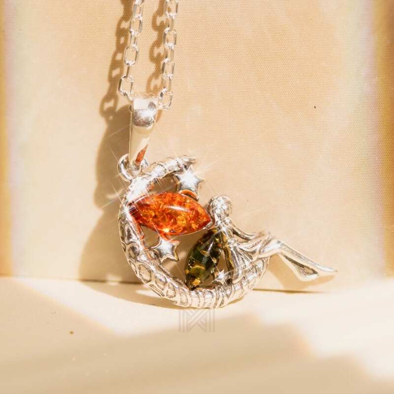 MILLENNE Multifaceted Baltic Amber Fairy Silver Pendant with 925 Sterling Silver