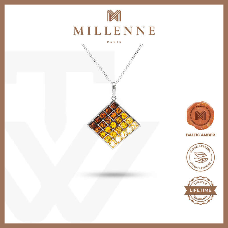 MILLENNE Multifaceted Baltic Amber Square Ombré Silver Pendant with 925 Sterling Silver