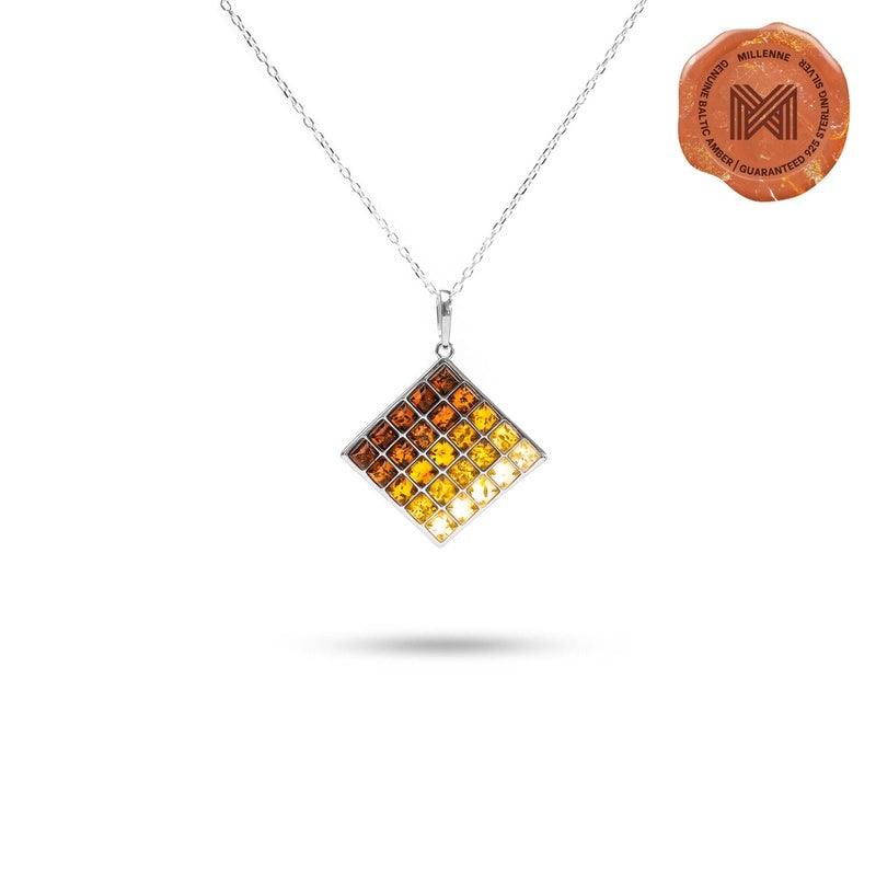 MILLENNE Multifaceted Baltic Amber Square Ombré Silver Pendant with 925 Sterling Silver