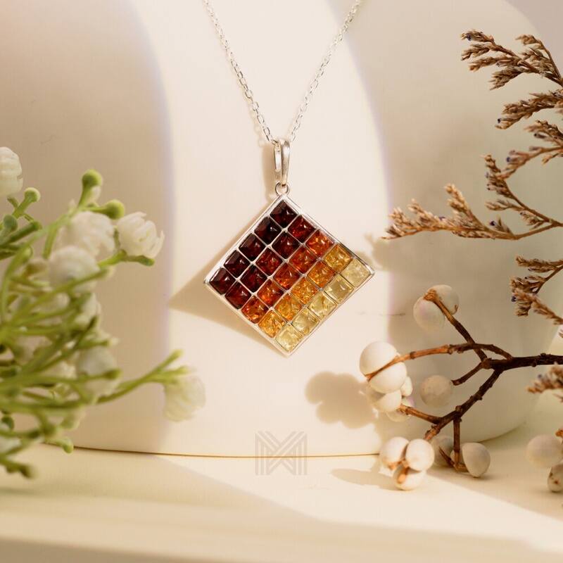 MILLENNE Multifaceted Baltic Amber Square Ombré Silver Pendant with 925 Sterling Silver