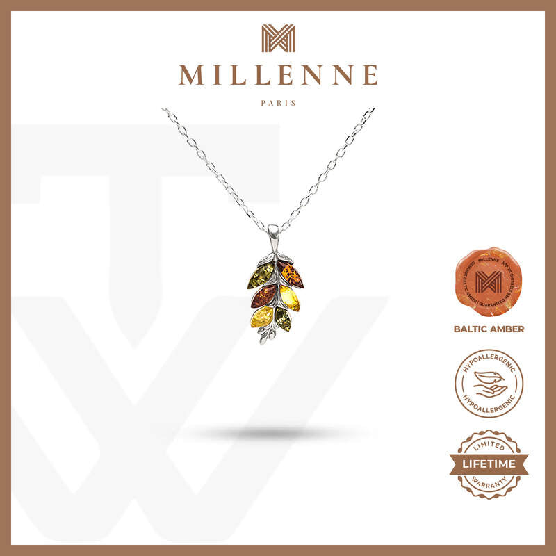 MILLENNE Multifaceted Baltic Amber Graduated Leaf Silver Pendant with 925 Sterling Silver