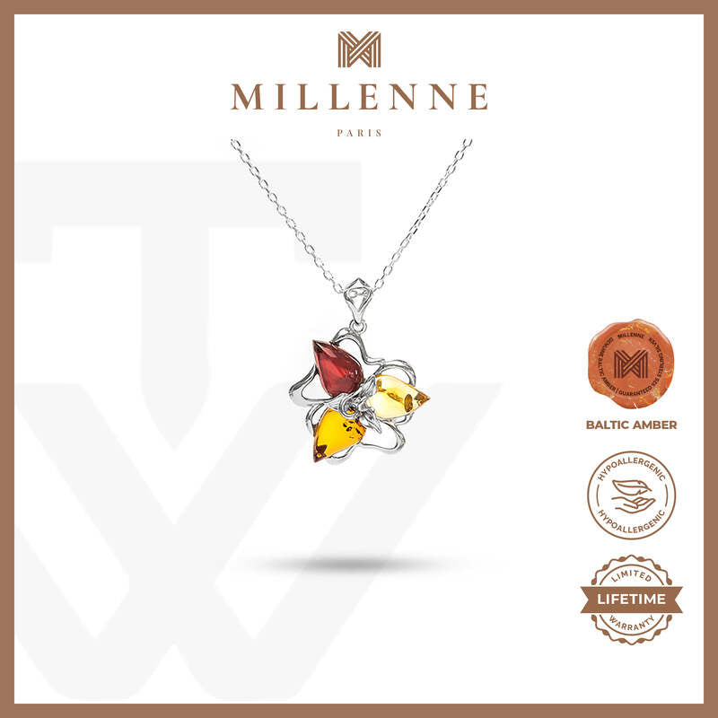 MILLENNE Multifaceted Baltic Amber Triangle Composition Silver Pendant with 925 Sterling Silver