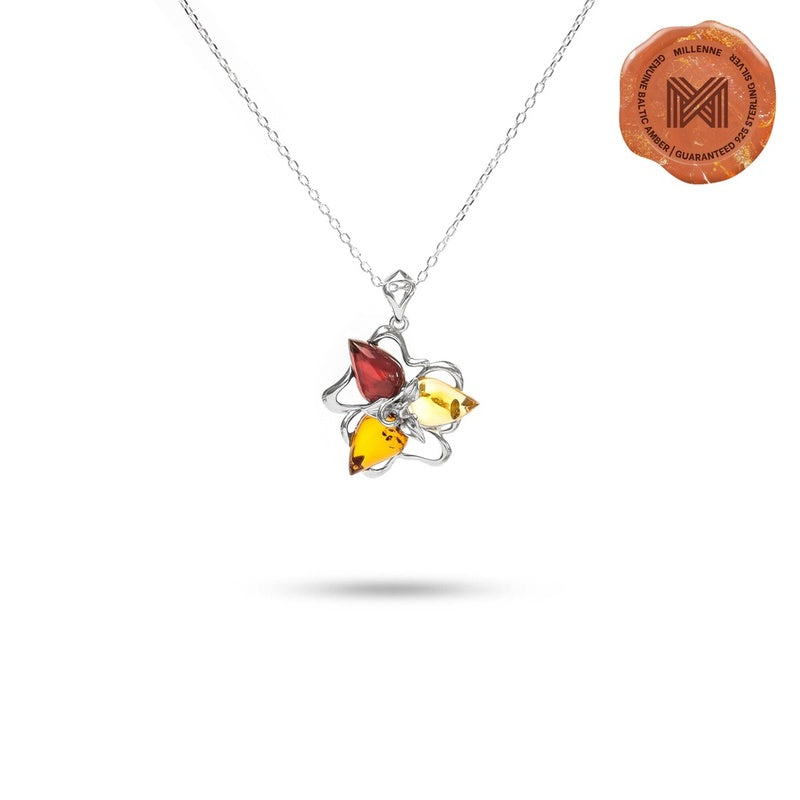 MILLENNE Multifaceted Baltic Amber Triangle Composition Silver Pendant with 925 Sterling Silver