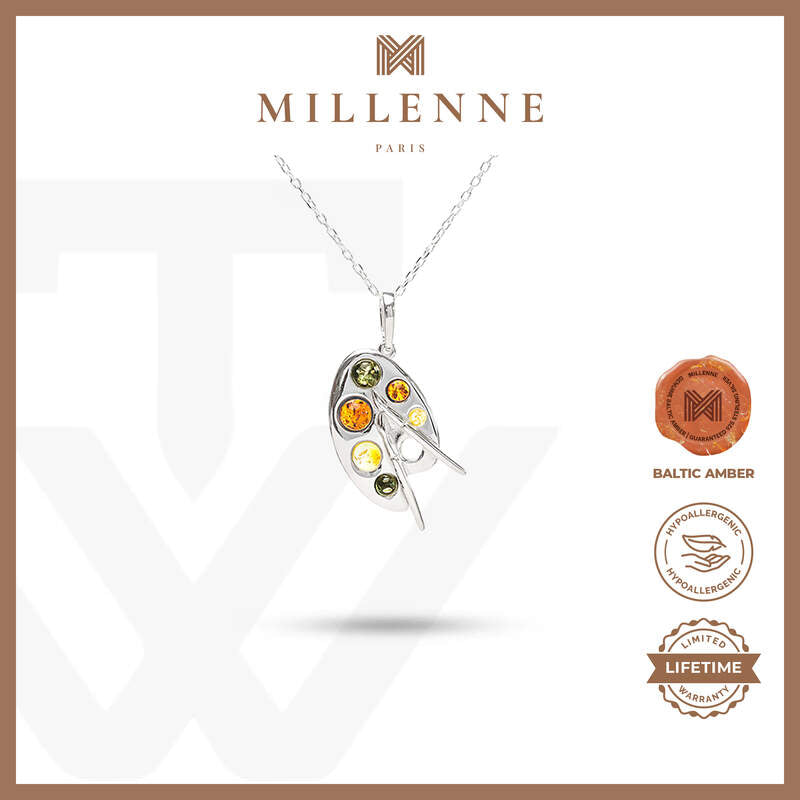 MILLENNE Multifaceted Baltic Amber Artist Pallette Silver Pendant with 925 Sterling Silver