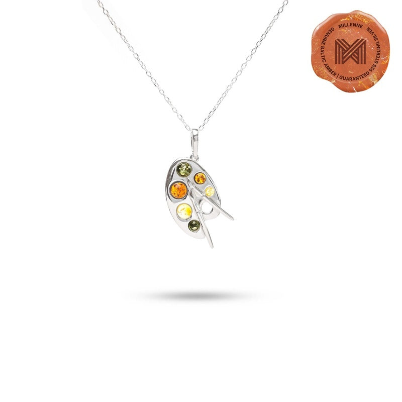 MILLENNE Multifaceted Baltic Amber Artist Pallette Silver Pendant with 925 Sterling Silver